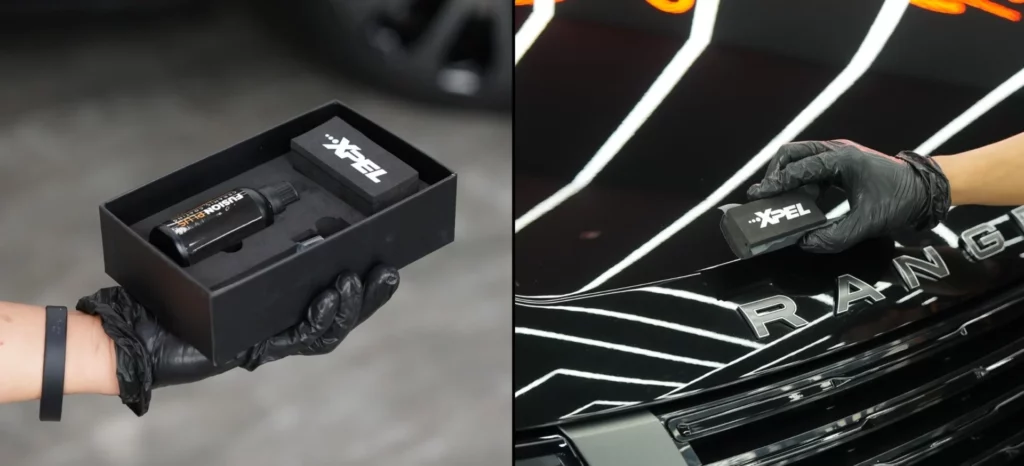 XPEL Fusion Ceramic coating Product and D Luxe Technician applying onto a Range Rover Vogue Hood.